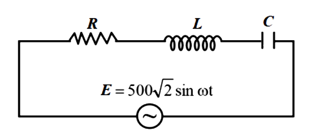 चित्र में दिखाए गए श्रेणीक्रम L- C- R परिपथ में, प्रतिरोधक और प्रेरक के सिरों पर वर्ग माध्य मूल (rms) 400V , 700 V , वोल्टता E = 500 sqrt2 sin(omega t) है, तो संधारित्र के सिरों पर शिखर वोल्टता है: