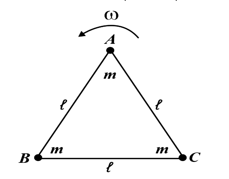 एक समबाहु त्रिभुजाकार फ्रेम तीन पतली द्रव्यमान रहित छड़ों से बना है। जैसा कि दिखाया गया है, प्रत्येक m द्रव्यमान के तीन बिंदु द्रव्यमानों को फ्रेम के शीर्षों पर स्थापित किया जाता है। निकाय को A से गुजरने वाली और त्रिभुजाकार फ्रेम के तल के अभिलंबवत एक स्थिर अक्ष के परितः एकसमान कोणीय चाल omega से घुमाया जाता है। गुरुत्व के प्रभाव की उपेक्षा कीजिए। द्रव्यमान B और C को जोड़ने वाली छड़ में तनाव है