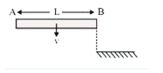 लंबाई L और द्रव्यमान M की एक छड़ AB घर्षण रहित क्षैतिज पृष्ठ पर गति करने के लिए स्वतंत्र है। जैसा कि चित्र में दिखाया गया है, यह एक वेग के साथ गतिमान है। छड़ AB का B सिरा दीवार के अंत से टकराता है। संघट्ट प्रत्यास्थ मानते हुए, संघट्ट के ठीक बाद छड़ AB का कोणीय वेग है