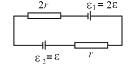 दिखाए गए परिपथ में, यदि प्रत्येक सेल का आंतरिक प्रतिरोध है, तो वह दर, जिस पर epsilon1 की रासायनिक ऊर्जा का उपभोग किया जा रहा है, है:
