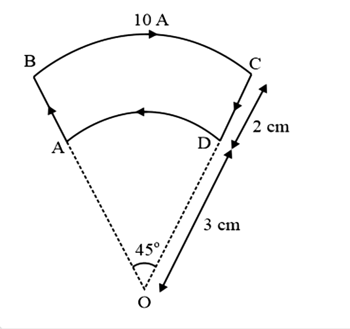जैसा कि चित्र में दिखाया गया है, एक पाश ABCD में धारा I = 10 A है। AD और BC दोनों के लिए O पर केंद्र के साथ वृत्ताकार चाप हैं। बिंदु O पर चुंबकीय क्षेत्र है