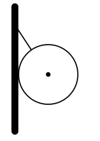 जैसा कि चित्र में दिखाया गया है, भार w और त्रिज्या 3 m का एकसमान गोला 2 m लंबाई की एक डोरी द्वारा लटकाया गया है और एक घर्षण रहित दीवार से जोड़ा गया है। डोरी में तनाव होगा