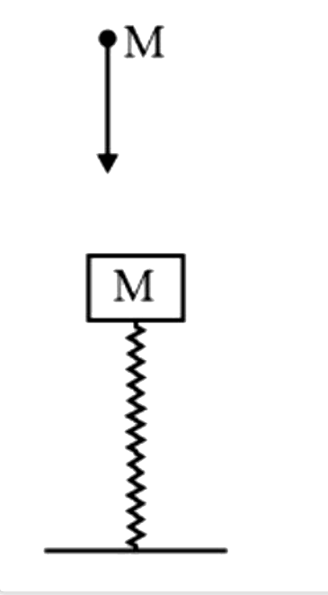 एक आदर्श स्प्रिंग, M द्रव्यमान की एक चकती को आधार प्रदान करती है। m द्रव्यमान का एक पिंड एक निश्चित ऊंचाई से छोड़ा जाता है, जहाँ से यह M पर गिरता है। दोनों द्रव्यमान किसी क्षण पर एक दूसरे से चिपक कर फिर एक साथ गति करते हैं। दोलन चकती के मूल स्तर से a ऊंचाई और नीचे 6 गहराई तक पहुँच जाता है। स्प्रिंग का बल स्थिरांक है: