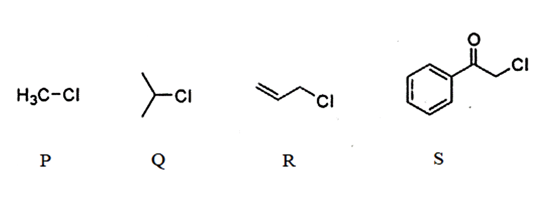 ऐसीटोन में KI, दिए गए P.O. R और S, प्रत्येक के साथ SN2 अभिक्रिया देता है। अभिक्रिया की दर निम्नानुसार परिवर्तित होती है