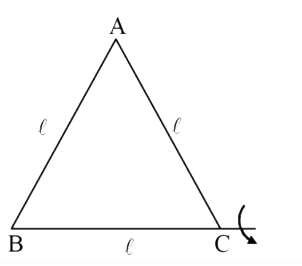 प्रत्येक द्रव्यमान M और लम्बाई 1 के तीन समरूप छड़ एक समबाहु DeltaABC बनाने के लिए जुड़ें हैं। जैसा कि चित्र में दिखाया गया है, BC के परितः जड़त्व आघूर्ण ज्ञात कीजिए।