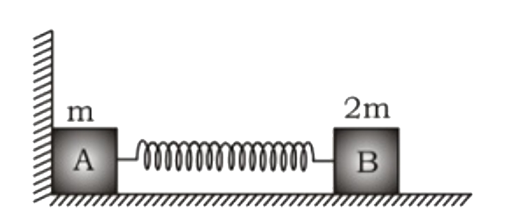 m और 2m द्रव्यमान के दो ब्लॉक क्रमश: K दृढ़ता और 1 प्राकृतिक लंबाई की एक हल्की स्प्रिंग द्वारा एक साथ जुड़े हुए हैं। निकाय एक चिकनी क्षैतिज पृष्ठ पर ब्लॉक A के साथ एक दृढ़ ऊर्ध्वाधर दिवार के संपर्क में है जैसा कि चित्र में दर्शाया गया है। ब्लॉक B को स्प्रिंग की प्राकृतिक स्थिति से x0  दूरी द्वारा दीवार की ओर सम्पीड़ित किया जाता है और फिर छोड़ा जाता है। कहीं पर भी कोई घर्षण नहीं है।        यदि ब्लॉक B, t = 0 समय पर छोड़ा जाता है और A, t= Deltat  समय पर दीवार के साथ संपर्क खो देता है तब t = 0 से t = Deltat  के दौरान निकाय के द्रव्यमान केंद्र का औसत त्वरण है: