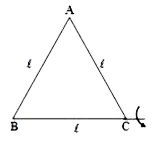 प्रत्येक M द्रव्यमान, | लंबाई की तीन समरूप छड़ों को एक समबाहु Delta ABC बनाने के लिए जोड़ा जाता है। दर्शाए गए अनुसार, BC के परितः जड़त्व आघूर्ण ज्ञात कीजिए।