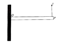 1 m लंबाई और 2 kg द्रव्यमान की एकसमान छड़ को 0 पर पार्श्व आधार से जोड़ा जाता है जैसा कि चित्र में दर्शाया गया है। P पर ऊपर की ओर कार्यरत बल T के कारण छड़ साम्यावस्था में है। गुरुत्वीय त्वरण को 10ms^(-2) के रूप में मान लीजिए। T का मान है:
