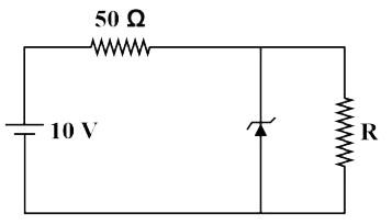 चित्र में दर्शाए गए 6 V के जेनर डायोड का प्रतिरोध नगण्य है और 5 mA की नी धारा है। R(Omega