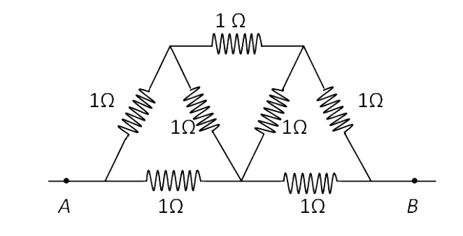 चित्र में दिखाए गए नेटवर्क में, प्रत्येक प्रतिरोध 1 Omega  है। A और B के बीच प्रभावी प्रतिरोध है: