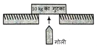 1000 m s^(-1)  पर सीधे ऊपर की ओर गतिमान एक 10 g की गोली टकराती है और प्रारंभ में विराम पर एक 10 kg गुटके के द्रव्यमान केंद्र से गुजरती है। गोली, 400 m s^(-1) पर सीधे ऊपर की ओर गतिमान गुटके से निकलती है। गोली को गुटके से ठीक निकलने के बाद गुटके का वेग क्या होगा?