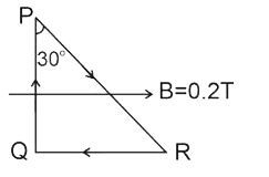 एक तार एक समकोण त्रिभुज PQR के रूप में मुड़ा है, जो एक 1A धारा वहन करता है। इसे एक समान चुंबकीय क्षेत्र B = 0.2 T के क्षेत्र में रखा गया है। यदि PR = 1 m है, तो तार पर कुल बल है: