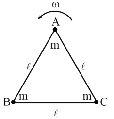 एक समबाहु त्रिभुजाकार फ्रेम तीन पतली द्रव्यमान रहित छड़ों से बना है। तीन बिंदु द्रव्यमान m प्रत्येक को फ्रेम के शीर्षों पर रखा गया गया है जैसा कि दिखाया गया है। निकाय, A से गुजरने वाले और त्रिभुजाकार तल के लंबवत एक अक्ष के परितः एकसमान कोणीय वेग omega  से घूर्णन कर रहा है। गुरुत्व के प्रभाव की उपेक्षा कीजिये। द्रव्यमान B और C को जोड़ने वाली छड़ में तनाव है-