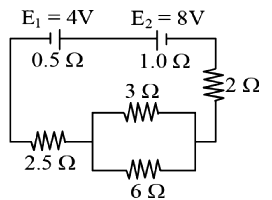चित्र में दर्शाए परिपथ में, सेलों E1 और E2 के विद्युत् वाहक बल क्रमशः 4 V और 8 V तथा आंतरिक प्रतिरोध क्रमशः 0.5 Omega  और 1.0 Omega  हैं। तब, सेल E1 और E2 के सिरों पर विभवांतर होगा: