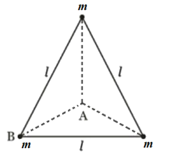 तीन बराबर द्रव्यमान m को एक दूसरे से l  लंबाई की द्रव्यमान रहित छड़ द्वारा जोड़ा जाता है, जो एक समबाहु त्रिभुज का निर्माण करते हैं, जैसा कि दिखाया गया है। संयोजन को त्रिभुज के लंबवत अक्ष के सापेक्ष कोणीय वेग omega  दिया जाता है। स्थिर omega के लिए, B गुजरती एक अक्ष तथा A से गुजरती एक अक्ष के लिए संयोजन की गतिज ऊर्जा का अनुपात क्या है?