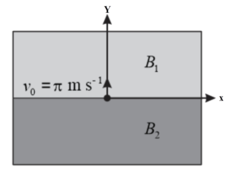 In the XY- plane , the region y gt 0 has a uniform magnetic  field B1 hatk and the region  y lt 0 has another  uniform magnetic field B2 hatk. A positively charged particle is projected from the origin along the positive y- axis  with speed  v0= pi m s^(-1) at t=0 , as shown in the figure . Neglect gravity in this problem . Let t=T be the time when the particle  crosses  the X- axis  from below  for the first  time . If B2 = 4B1, the average speed to the particle , in ms^(-1), along the x- axis  in the time interval T is  .