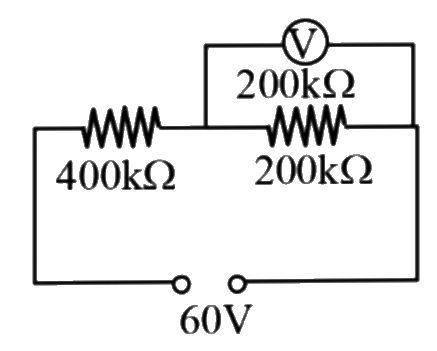 A constant 60 V supply is connected across the two  resistors  as  shown  in diagram. Calculate the reading of the voltmeter which has a resistance  of  200   K Omega