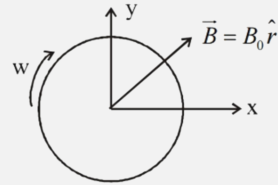 A thin non conducting disc of mass M = 2 kg, charge Q = 2 xx 10^(2-) C and radius R = (1)/(6)m is placed on a frictionless horizontal plane with its centre at the origin of the coordinate system. A non- uniform, radial magnetic field vecB = B(0) hat(r) is exists in space, where B(0)= 10 T and hat(r) is a unit vector in the radially outward direction. The disc is set in motion with an angular velocity omega = x xx 10^(2)