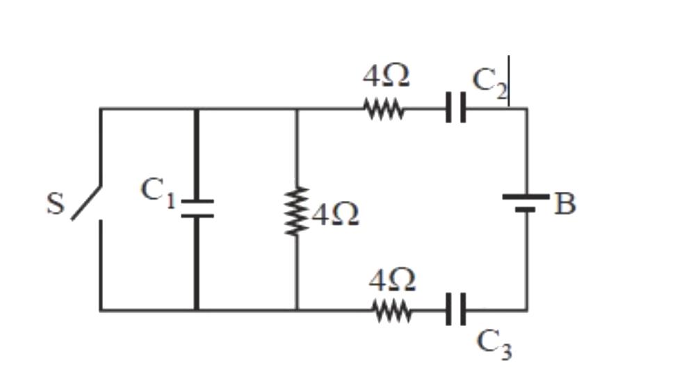 The capacitance of the capacitors C(1), C(2) and C(3) are 4muF, 6muF and 12muF respectively as shown, and the switch S remains closed for a long time. When the switch S is opened, which of the following statements will be correct about the current flowing through the battery B ?