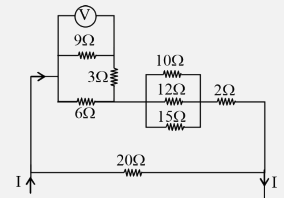 In the  given circuit , the voltmeter reading is 4.5 V. Assuming that the voltmeter is ideal , current thorough 12Omega resistance is -