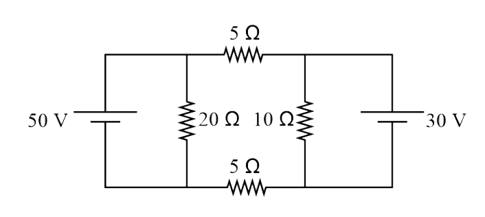 In the circuit shown, current (in A) through the 50 V and 30 V batteries are, resepctively