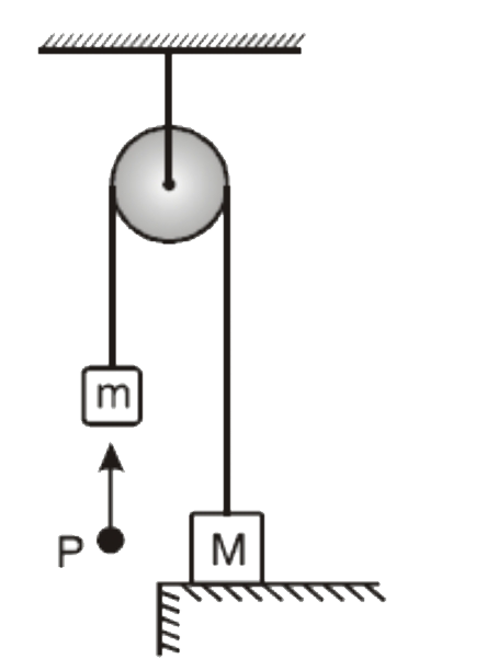 A light inelastic thread passes over a small frictionless pulley. Two blocks of masses m = 1 kg and M = 3 kg, respectively, are attached with the thread and heavy block rests on a surface. A particle P of mass 1 kg moving upward with a velocity of 10 ms^(-1) collides with the lighter block and sticks to it. The speed of the bigger block just after the string is taut will be [g = 10 ms^(-2)]