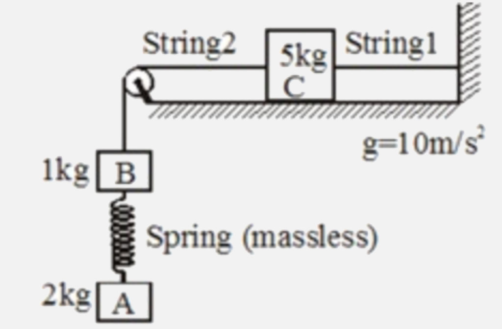 The system shown in the figure is in equilibrium and all the blocks are at rest. Assume that the masses of the strings, the pulley and the spring and negligible with respect to the masses of the blocks and friction is absent. Find the acceleration of block C, just after cutting the spring 1. [g=10ms^(-2)]