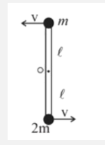 Two particles of masses m and 2m are attached to the massless rod of length 2l as shown in figure. The rod is hinged at its midpoint O and is free to rotate in vertical plane about hinge. The minimum speed v at the given instant so that it can complete the circle.