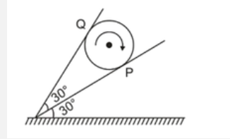 A sphere is rotating between two rough inclined walls as shown in figure. Coefficient of friction between each wall and the sphere is 1//3. If f(1) and f(2) be the frictional forces at P and Q. Then (f(1))/(f(2)) is