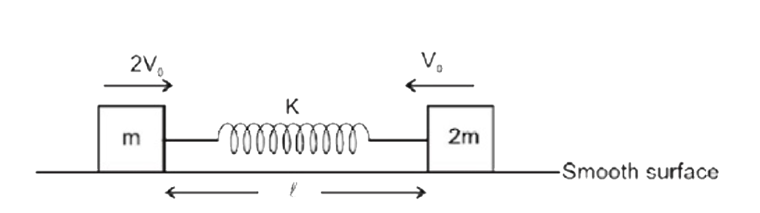 Two blocks A and B of masses m and 2m respectively, attached at opposite ends of a spring of constant K, placed on a smooth horizontal surface. Spring is initially at its natural length l. A is given a velocity 2V(0) and B given velocity V(0) as shown.      Maximum separation between m and centre of mass of the system will be :