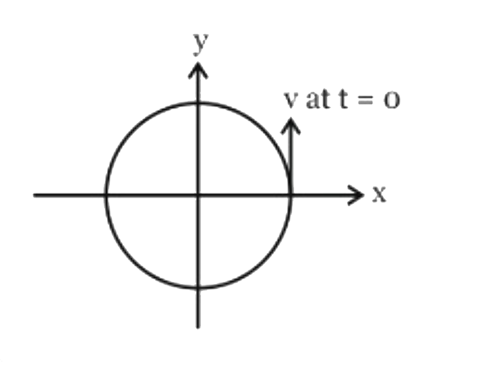 A particle is moving in a uniform circular motion on a horizontal surface. Particle position and velocity at time t = 0 are shown in the figure in the coordinate system. Which of the indicated variable on the vertical axis is incorrectly matched by the graph shown alongside for particle’s motion-