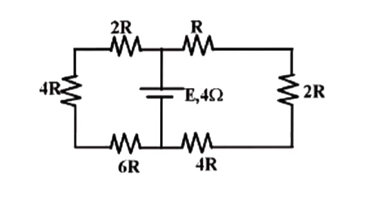 A battery of internal resistance 4 Omega is connected to the network of the resistance as shown in figure. To deliver maximum power to the network, the magnitude of resistance R in Omega  should be (  x )/(21). Find x .