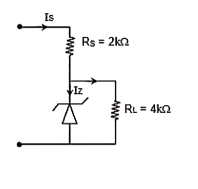 In the figure there is a DC voltage regulator circuit, with a Zener breakdown voltage = 6V.If the unregulated input voltage varies between 10V to 16V,then what is the maximum Zener current?