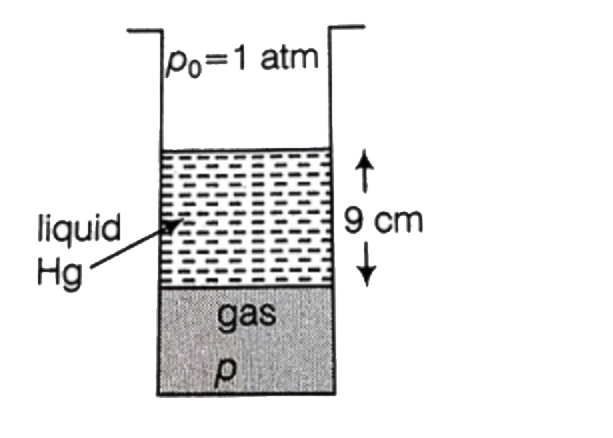 In the given figure, atmospheric pressure p0 = 1 atm and mercury column length is 9 cm. Pressure p of the gas enclosed in the tube is