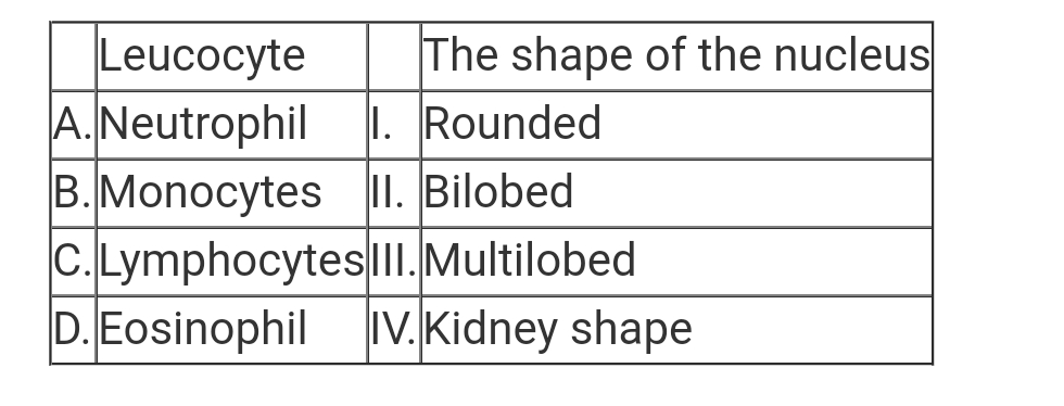 Match of the following types of leucocyte with their shape of nuclei.