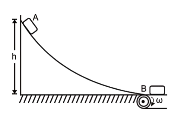A blcok A starts sliding on a smooth track from a height h as shown in the figure. The track smoothly joins into a conveyor belt which is being driven by a pulley of radius r. I the angular velocity omega of the pulley is such that the block A doesn't slip on the belt, the value of omega is