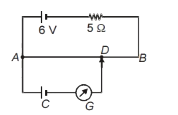 In the potentiometer circuit shown in the figure the internal resistance of the 6V battery is 1Omega and length of the wire AB is 100 cm . When AD = 60 cm , the galvanometer shows no deflection . The EMF of the cell C is (the resistance of the wire AB is 2Omega )
