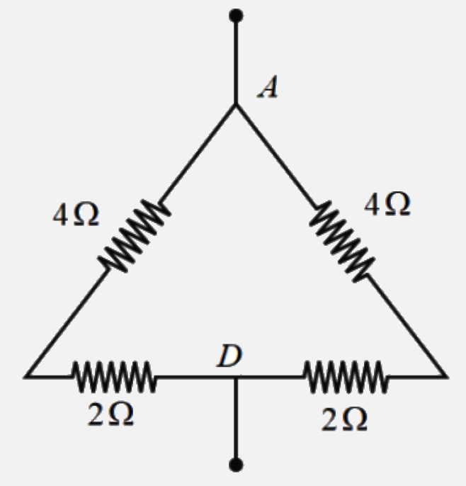 Three resistances of 4Omega  each are connected as shown in the figure. If point D divides the resistance into two equal halves , the resistance between points A and D will be
