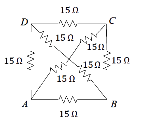 The equivalent resistance between the points A and B will be (each resistance is 15Omega)
