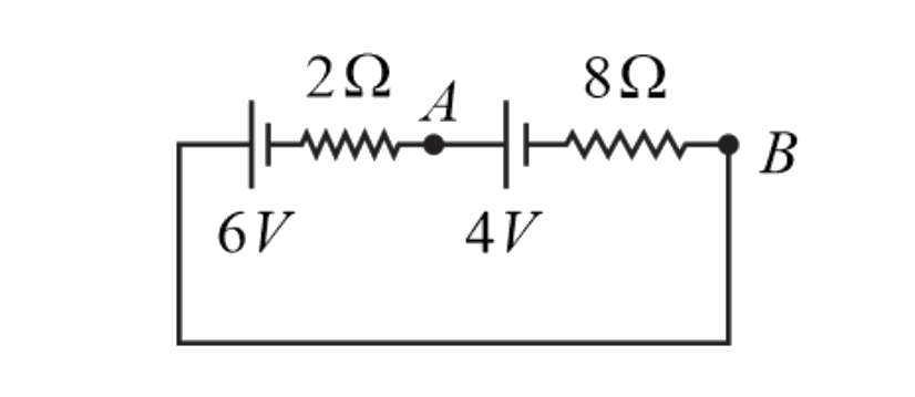 Two  potential difference between A and B in the following circuit is