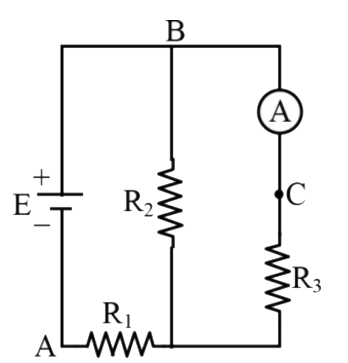 In the circuit shown the ideal ammeter A reads a current of I1 , A . Now the source of e.m.f . and the ammeter are physically interchanged , i.e. . the source is out between B and C and the ammeter between A and B . The ammeter now reads a current of I2 A  . Then -