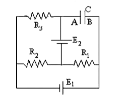 In the given circuit the sources are ideal and have emf's   E(1)=4V and E(2)=1V and the resistance are equal to   R(1)=10Omega,R(2)=20Omega and R(3)=30Omega   the potential difference   V(B)-V(A) across the plates of the capacitor is ............V