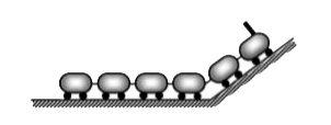 A train of length l=125 m running  on a horizontal surface with its engine switched off starts climbing an inclined track of inclination theta=30^(@) as shown in the figure. Total time spent by train or any part of train on inclination is 5pik sec the value of k is (g=10ms^(-2) assume no loss of energy)