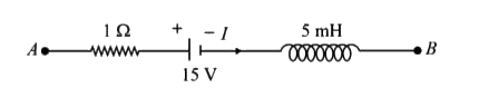 The network shown in figure is a part of a complete circuit. If at a certain instant the current 'J' is 5 A and is decreasing at the rate of 10^3 As^(-1), then VA - VB is :