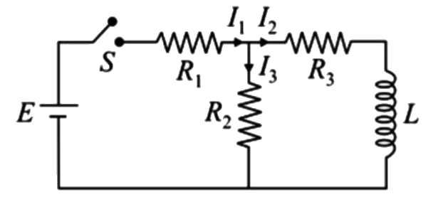 In the figure,   E = 20 V, R1 = 2 ohm, R2 = 3 ohm, R3 = 6 ohm and L = 5 henry. The ratio of currents I1 just after pressing the switch S and long time after pressing the switch S is x/10. Find the value of x.