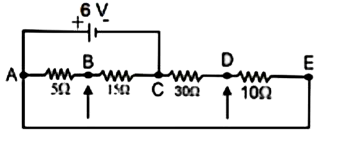 What is the potential difference between the terminals B and D in the given figure?   (Consider battery to be ideal with emf epsilon = 6V)