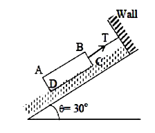 Water is flowing in a streamline down the incline having inclination 30^(@)  with the horizontal. A box ABCD, attached with the wall, is floating on the surface of the water keeping face CD of the box downward as shown in the figure. The box has a weight of 200 N and base are 1m^(2). If the velocity of the streamline at a distance of 1 mm from the base CD is 0.1 m/s, then the tension in the string connecting the block to the wall as shown is (Given viscosity of water = 0.1 N s/m^(2).]