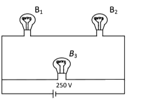 In the circuit given below, a 100W bulb B1 and two 60W bulbs B2 and B3, are connected to a 250 V direct current source. If W(1), W(2) and W3 are the powers of the three bulbs then, which of the following statements is corect ?