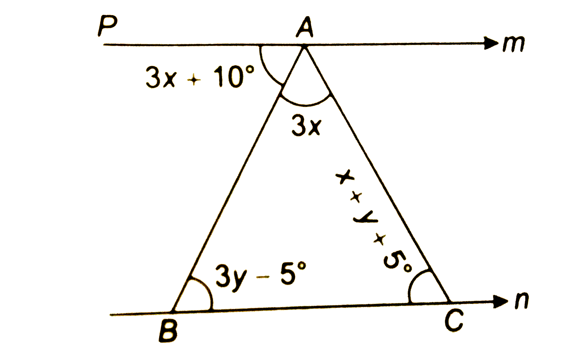 दी  गई  आकृति में, रेखा m , रेखा n  के समांतर है । दिया है की    /BAP=3x+10^@ , /BAC=3x,   /ABC=3y-5^@,/ACB = x + y +5    x और y के मान ज्ञात कीजिय |