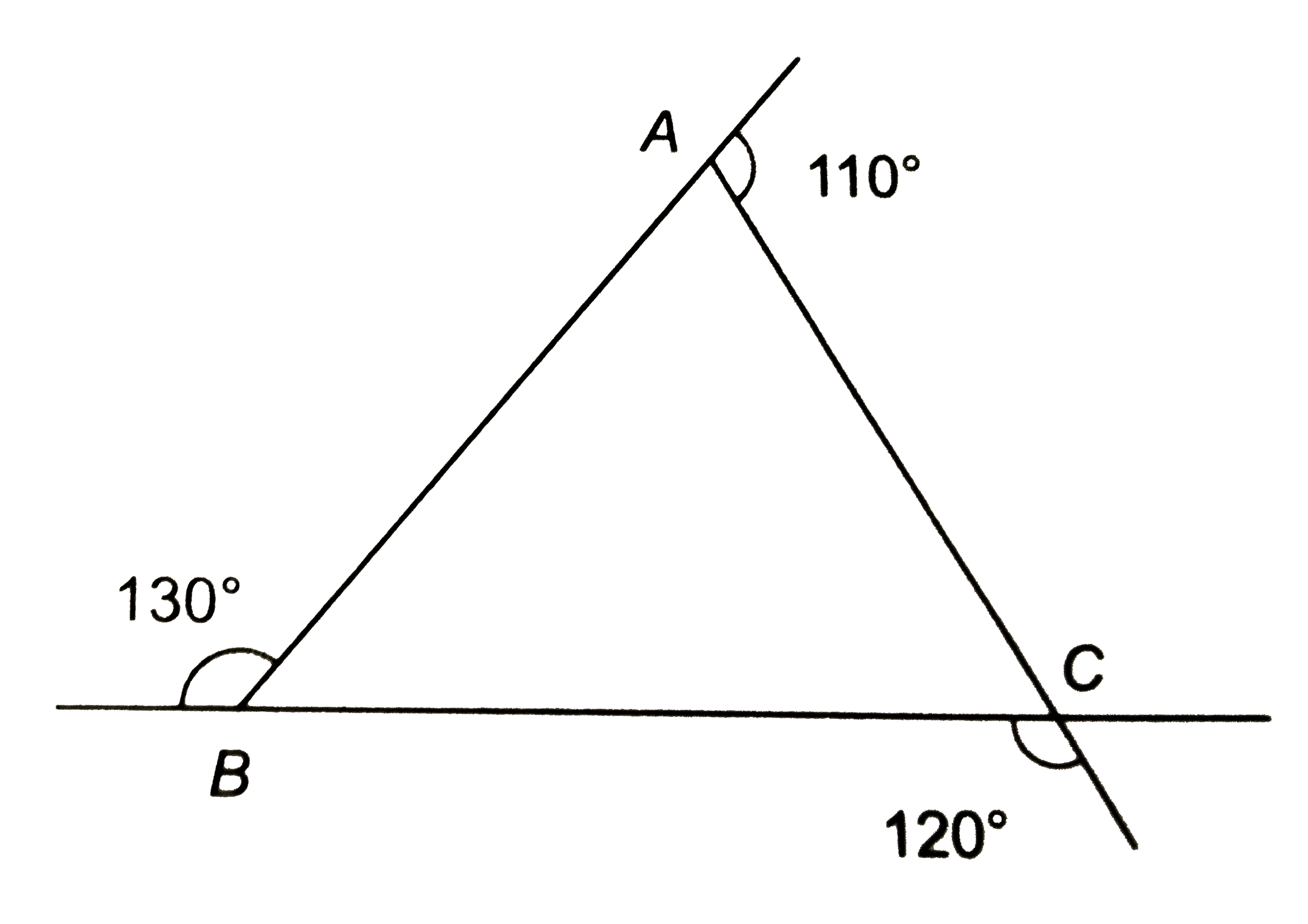 संलग्न चित्र में, DeltaABC की भुजाओं को उनकी लम्बाइयों को घटते क्रम में लिखिये।